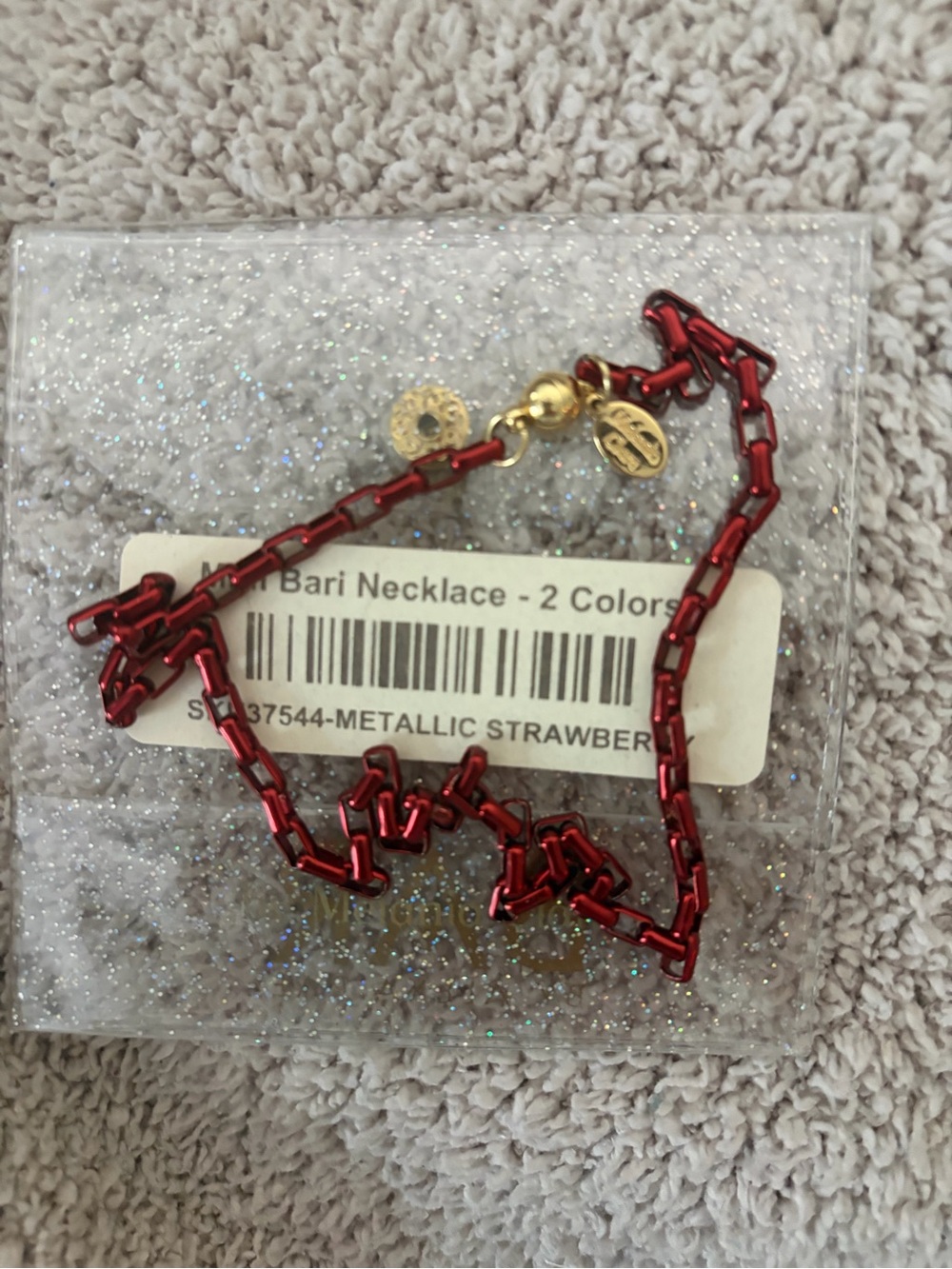 Metallic Strawberry Mini Bari Red Chain Necklace with Gold Accents By Alexa Rae